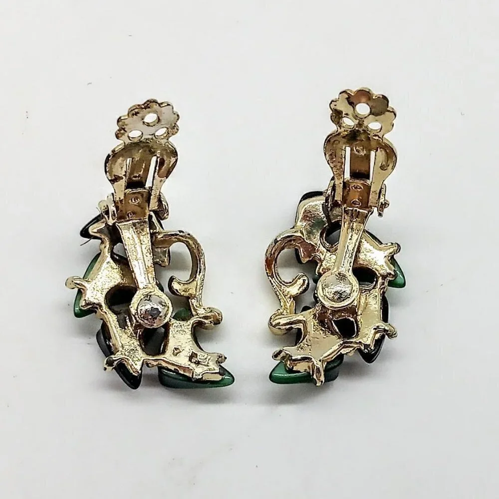 Vintage Green Faux Stone & Gold Finish Clip Earrings